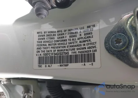 2016 Honda Civic Ex-T from USA, damaged, VIN 19XFC1F34GE037045